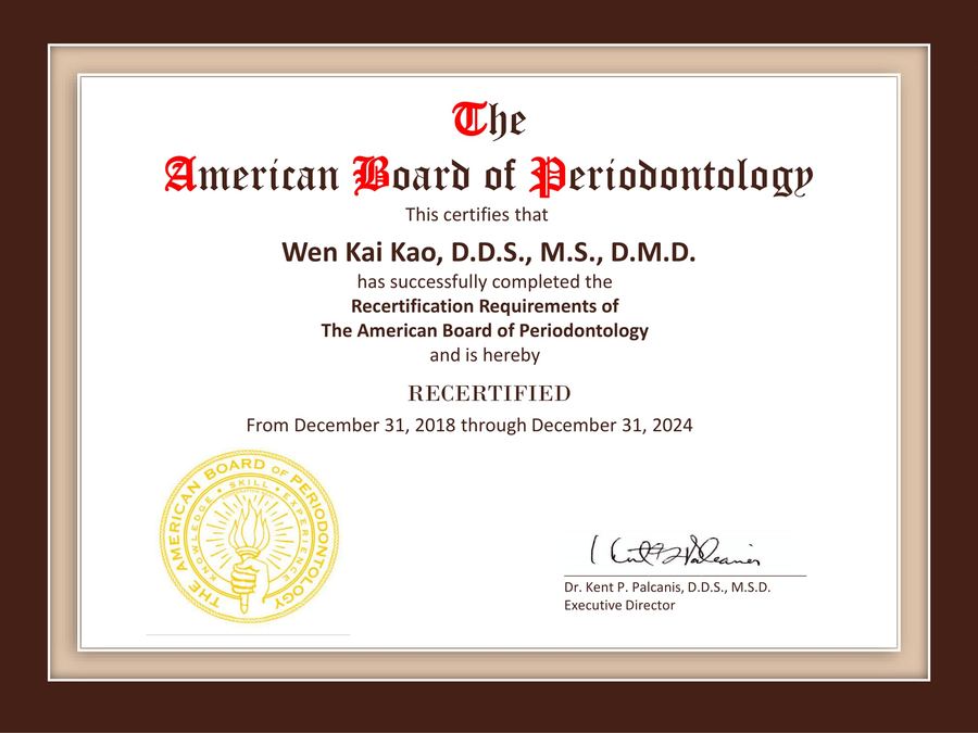 American Board of Periodontology recertification certificate for Dr. Daniel Kao
