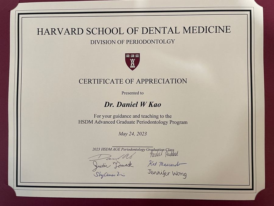 Harvard School of Dental Medicine certificate of appreciation