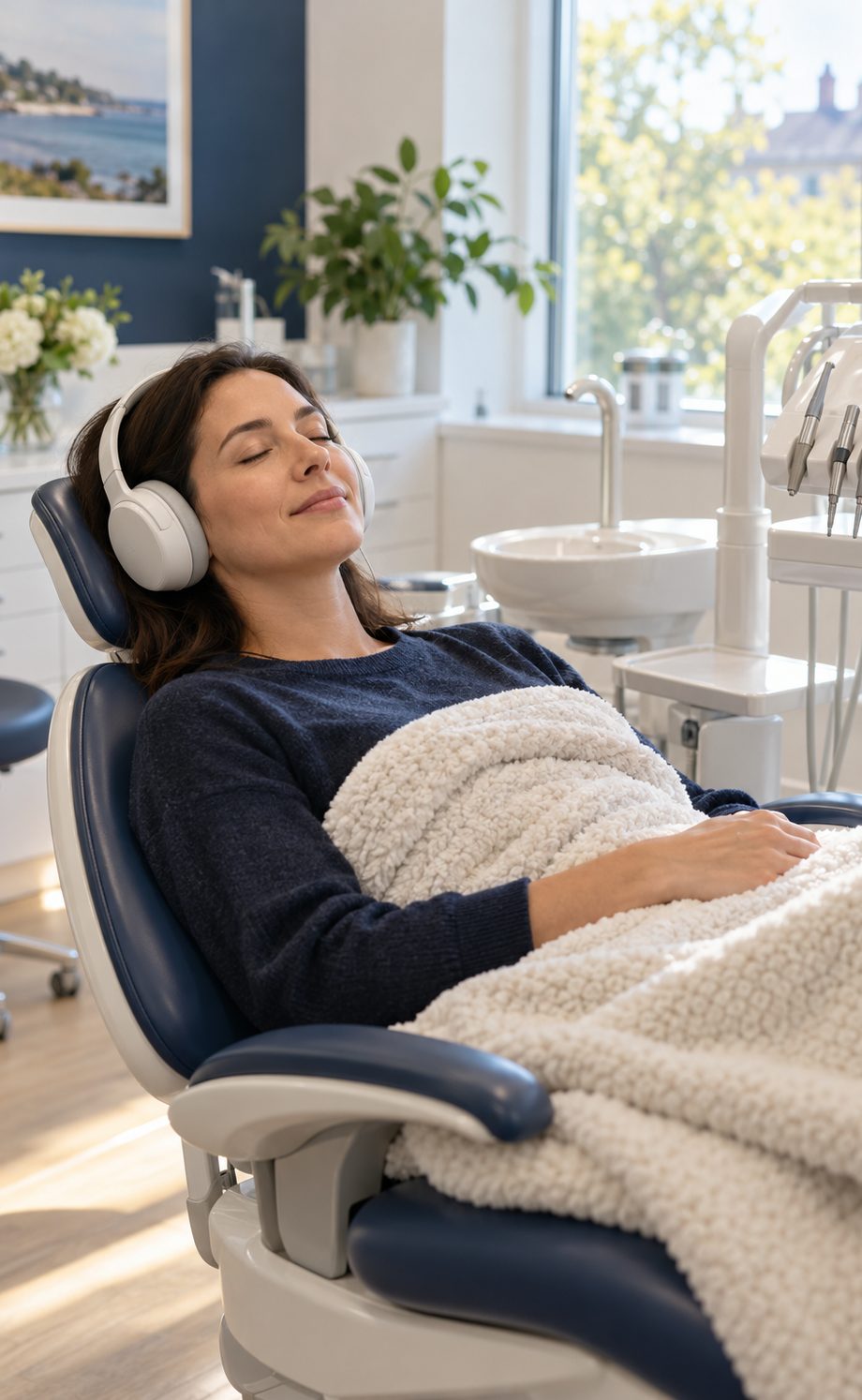 Patient resting comfortably in a dental chair with headphones and a blanket