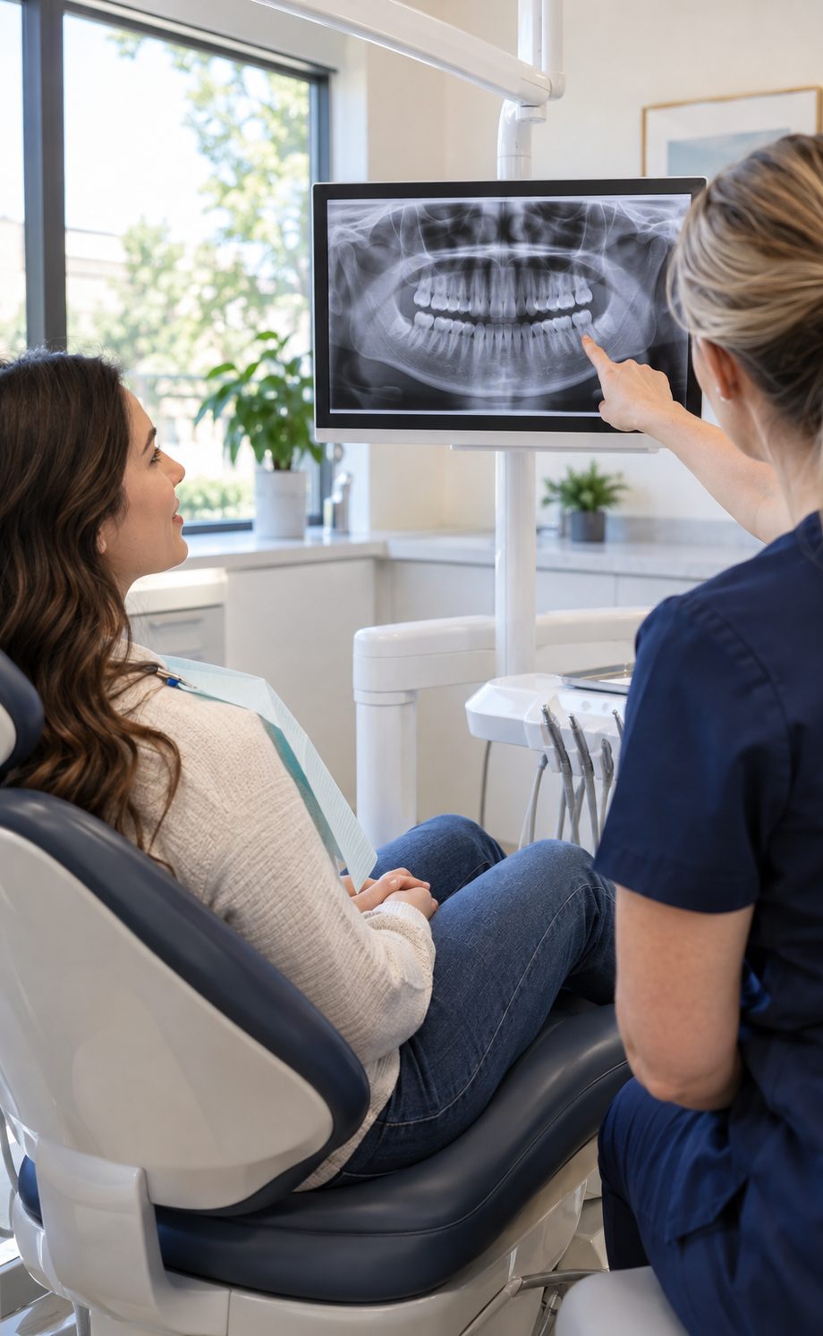 Patient reviewing a panoramic dental X-ray with a dental professional